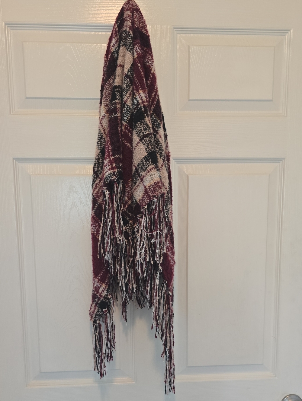 Cozy Plaid Fringe Scarf - Burgundy and Cream